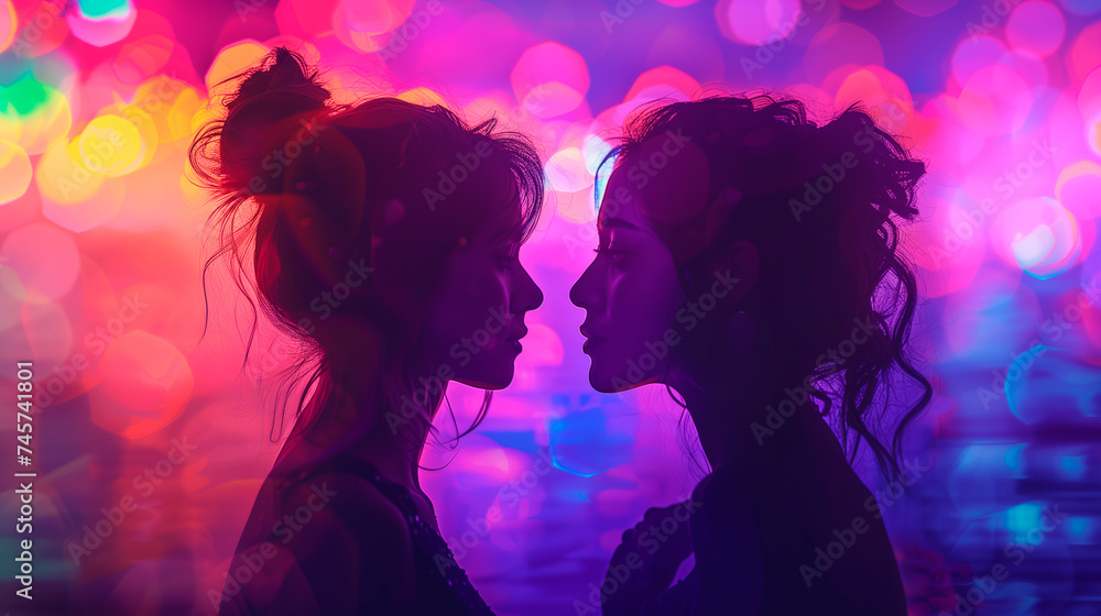 Painted poster with two lesbian women in rainbow colors Painted poster with two lesbian women in rainbow colors