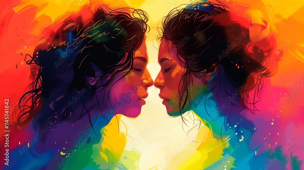 Painted poster with two lesbian women in rainbow colors Painted poster with two lesbian women in rainbow colors
