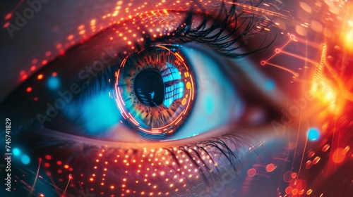Digital surveillance and ID verification, with the eye sharply in focus against a subtly blurred background. Holographic elements should be futuristic. © Exnoi