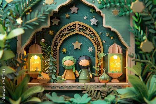 Ramadan Kareem background, Cute muslim dolls with arabic lanterns and crescent moon