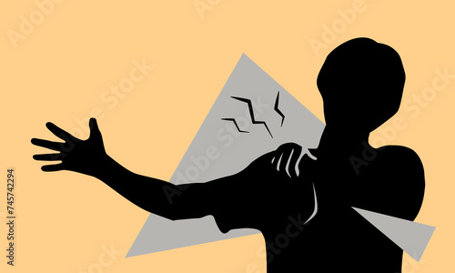 Back and shoulder blade pain. Arm and neck muscle strain from overuse or bad posture. Office syndrome and health care. Stretching out to relieve.