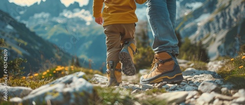 View from mountains - Hiking hiker traveler landscape adventure nature sport background panorama - Close up of feet with hiking shoes from a man with his little boy child walking on a hill