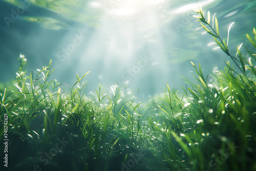 fronds of grass underwater in the sun in the style of