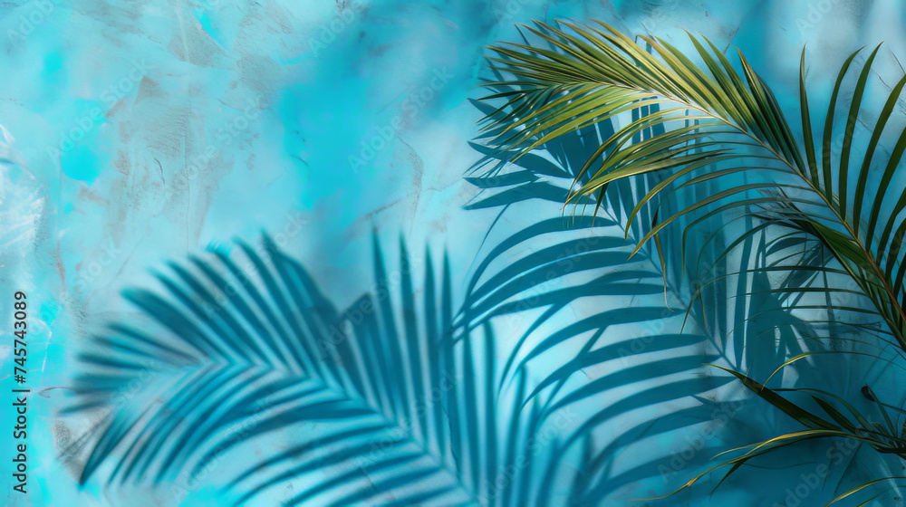 Empty palm shadow blue color texture pattern cement wall background Empty palm shadow blue color texture pattern cement wall background