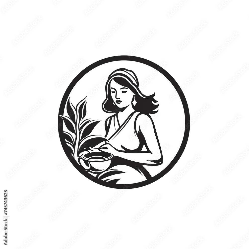 black and white logo, tea leaves with tea picker woman, white background сreated with Generative Ai