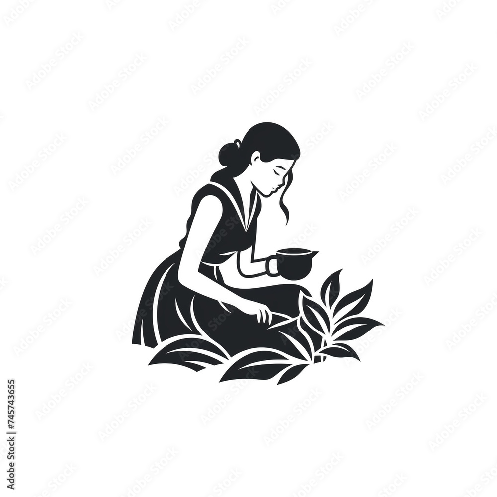 black and white logo, tea leaves with tea picker woman, white background сreated with Generative Ai black and white logo, tea leaves with tea picker woman, white background сreated with Generative Ai