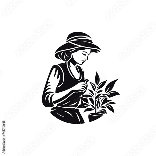 black and white logo, tea leaves with tea picker woman, white background сreated with Generative Ai
