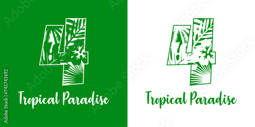Logo destino de vacaciones. Mensaje Tropical Paradise con cifra número 4 con silueta de plantas tropicales