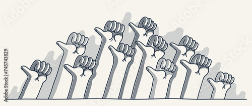Raised hands with like thumb up button, vector illustration of a group of people showing thumb up gesture, social assessment of society concept.