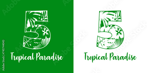 Logo destino de vacaciones. Mensaje Tropical Paradise con cifra número 5 con silueta de plantas tropicales