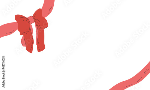 Lush bow with ribbon in the corner of the banner. Red bowknot. Celebration card, sale voucher element, template with copy space. Vector illustration in doodle style.