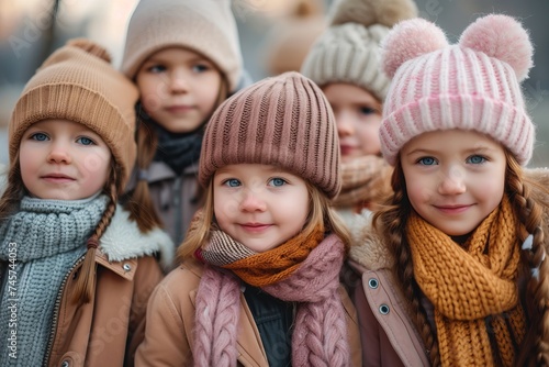 a group of children dressed in a hat and warm jackets