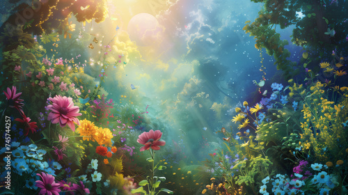 Enchanted Celestial Gardens Picture a magical realm with vibrant flora under a celestial sky. Perfect for diverse projects