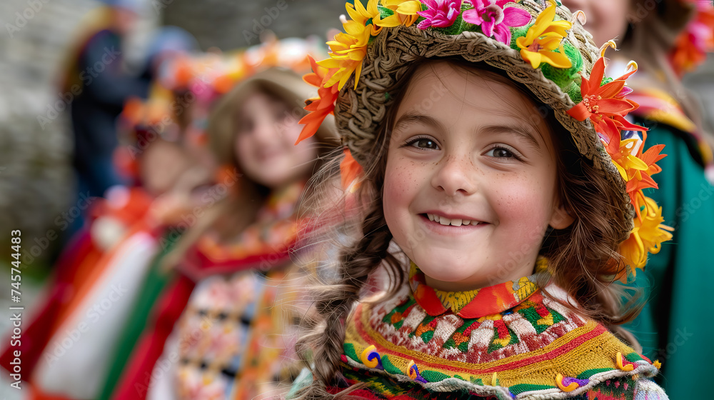 Fototapeta premium close up children participating in St. David's Day celebrations - AI Generated
