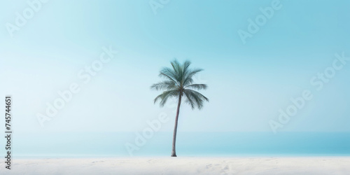 One lonely palm tree on a white beach. Calm sae with mist. Tranquil seashore landcsape. Generative AI
