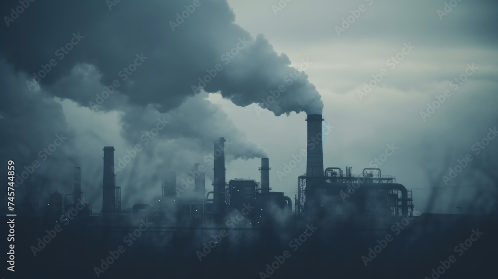 Industry plant landscape with smoke smog emissions. Bad ecology cocnept. Generative AI