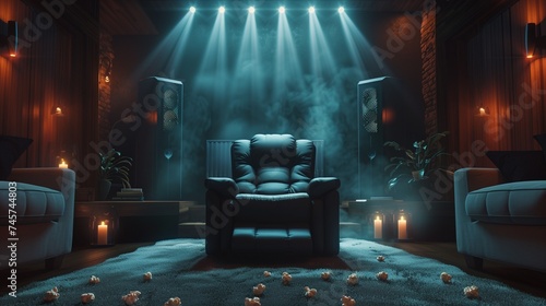 A plush recliner chair in a home theater setup, surrounded by popcorn and dimmed lights.