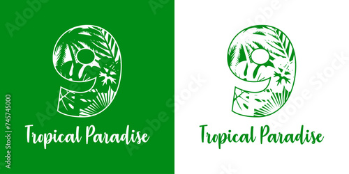 Logo destino de vacaciones. Mensaje Tropical Paradise con cifra número 9 con silueta de plantas tropicales