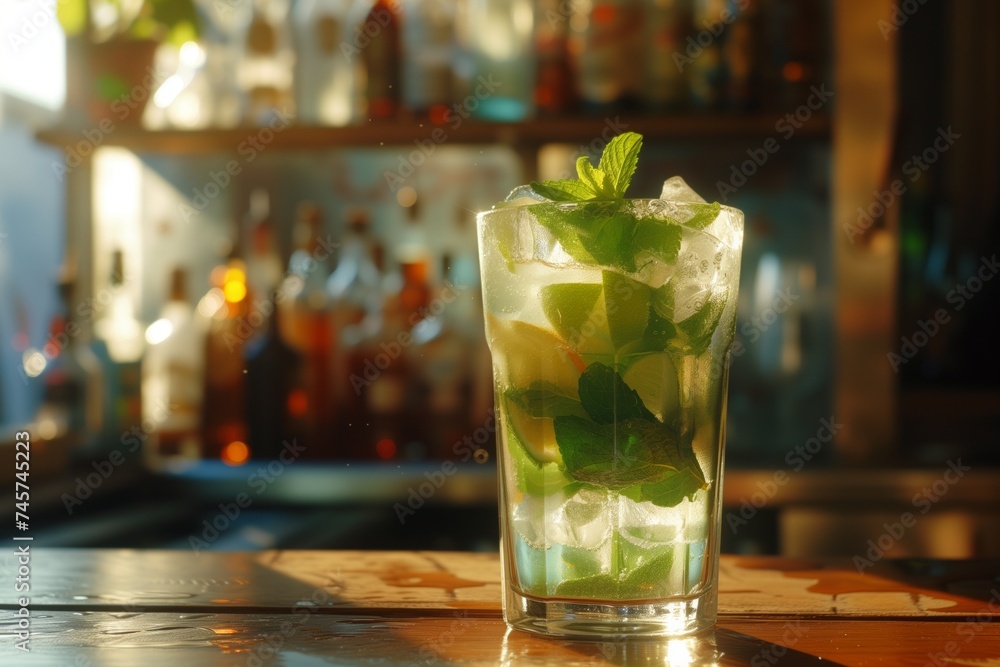 mojito cocktail decorated with lemon on a coconut background. Cool cocktail on a hot day mojito cocktail decorated with lemon on a coconut background. Cool cocktail on a hot day