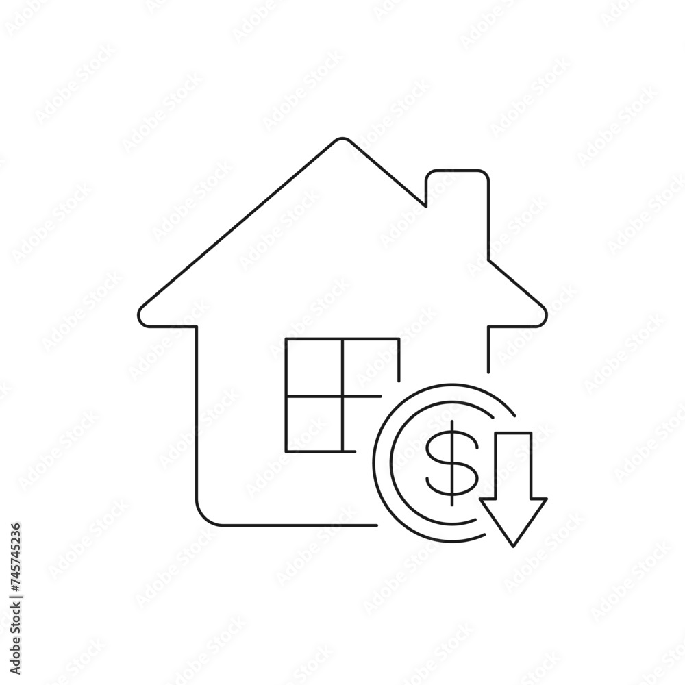 House price down. Property value decrease icon line style isolated on white background. Vector illustration House price down. Property value decrease icon line style isolated on white background. Vector illustration