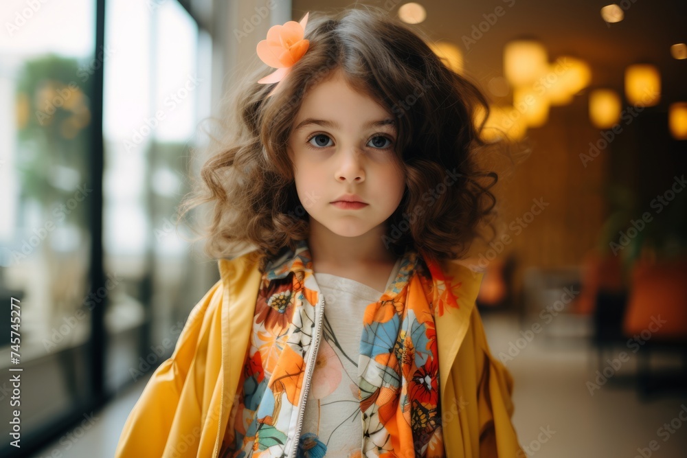 Portrait of a beautiful little girl with curly hair in a yellow blouse Portrait of a beautiful little girl with curly hair in a yellow blouse
