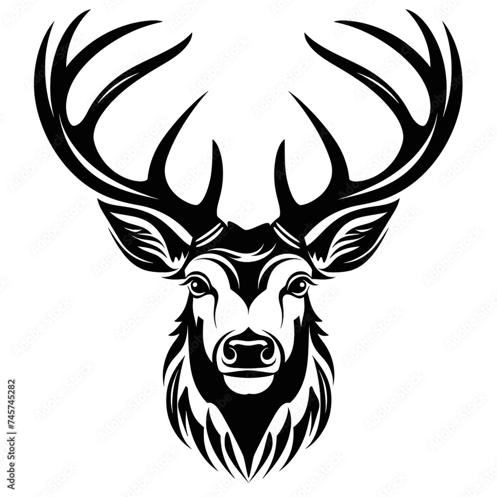 Fototapeta premium A simple logo black and white vector silhouette Deer cartoon, humourous, fine lines, white background сreated with Generative Ai