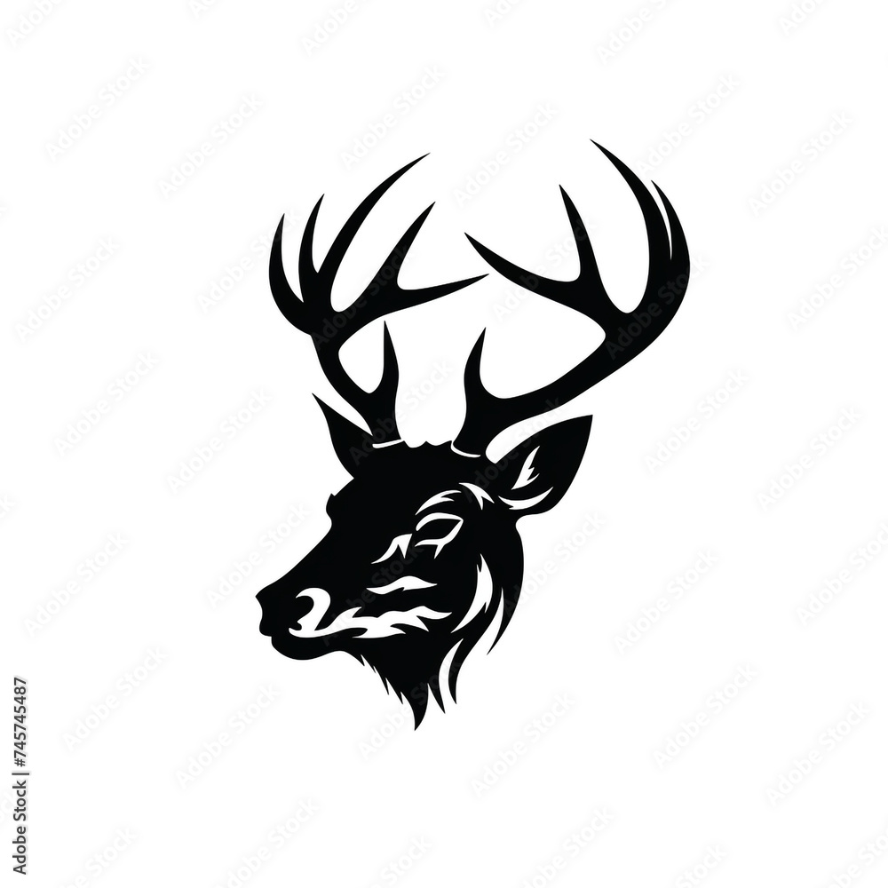 Naklejka premium A simple logo black and white vector silhouette Deer cartoon, humourous, fine lines, white background сreated with Generative Ai