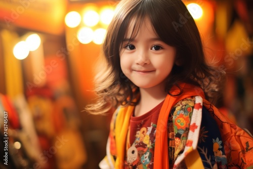 Portrait of a cute little asian girl wearing colorful clothes.