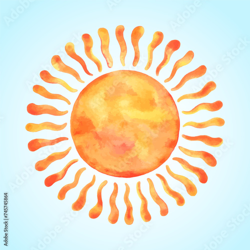Watercolor vector sun, naive style. Round shape, watercolour stains. Groovy, funky illustration. Orange red yellow circle, winding wavy rays frame. Maslenitsa hand drawn solar background, frame.
