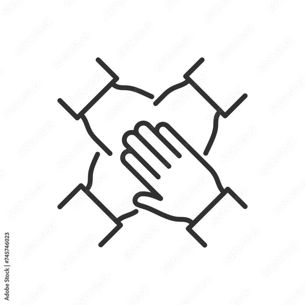 Cooperation, teamwork, linear icon. Group with hands together. Hands folded on hands. Line with editable stroke Cooperation, teamwork, linear icon. Group with hands together. Hands folded on hands. Line with editable stroke
