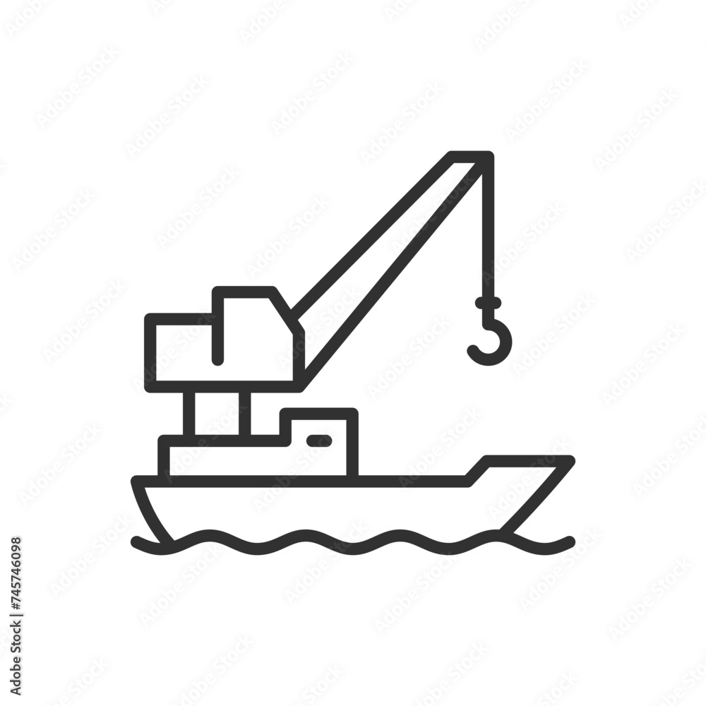Floating crane, linear icon. Vessel equipped with a crane. Line with editable stroke Floating crane, linear icon. Vessel equipped with a crane. Line with editable stroke