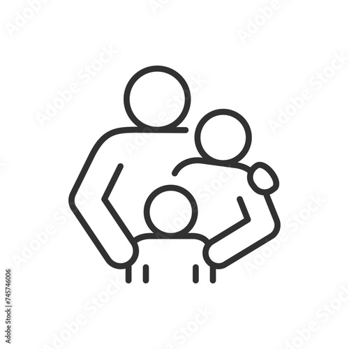 Happy Family, linear icon. Adult with a child. Father, Mother and child embracing. Togetherness, warmth and love of the family. Line with editable stroke