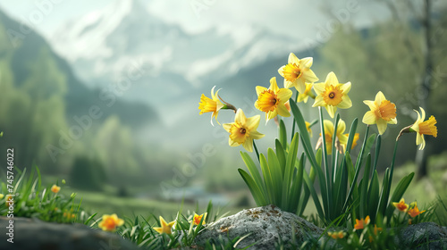 close up daffodils flowers on blurred mountains background for St. David's Day - AI Generated