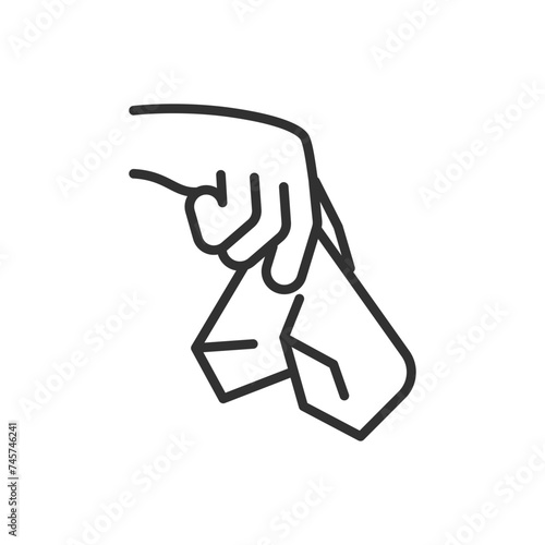 Rubbish in hand, linear icon. Throwing away rubbish. Line with editable stroke