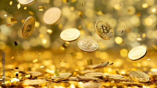 Falling bitcoin coin with gold background