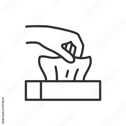 Napkins, linear icon. A hand takes a napkin from the package. Line with editable stroke