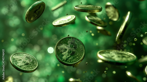 Falling money.  Falling coins with green background.