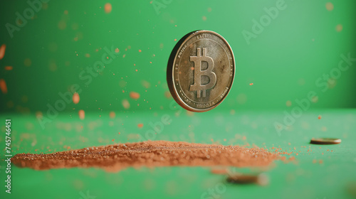 Falling bitcoin coin with green background