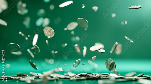 Falling money.  Falling coins with green background.