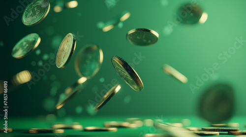 Falling money. Falling coins with green background.