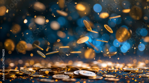 Falling money.  Falling coins with blue background. 