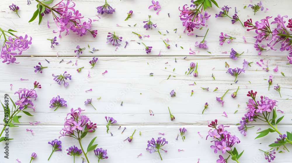 Lilac flowers on white wooden background. Top view, flat lay, copy space Lilac flowers on white wooden background. Top view, flat lay, copy space