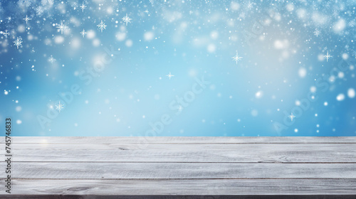Mesmerizing Winter Blue Background with a Shabby Table: A Beautifully Blurred Image of Nature's Artistry, Perfect for Holiday Celebrations and Festive Designs.