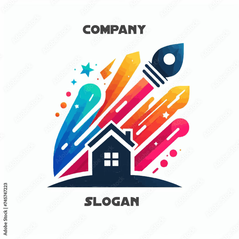 The logo with colorful splashes and a house, on a white background is suitable for corporate or other logo designs