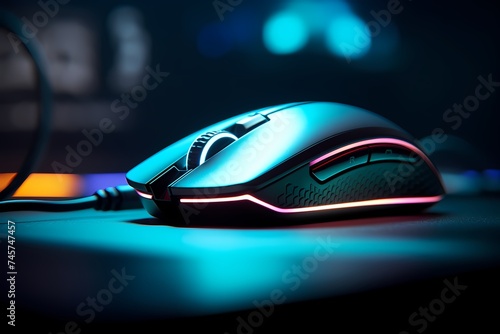 Close-up of a backlit gaming mouse, highlighting its ergonomic design and customizable buttons