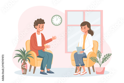 Psychotherapy session, man talking to a psychologist. Mental health banner or landing page template. Illustration, vector