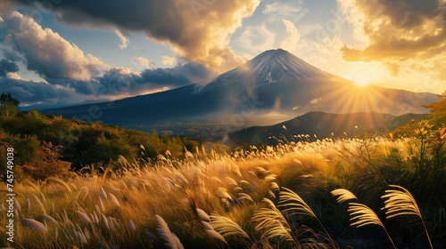Fujiyama fujisan photo landscape at golden hour with gry grass field and some trees at foreground photo