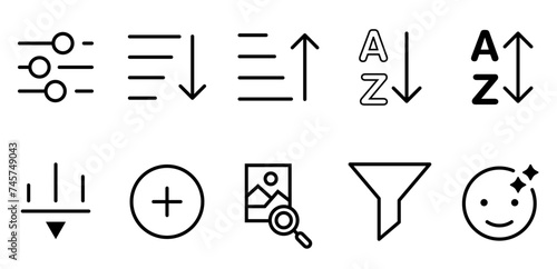 Filter icon vector set. Filter control isolated linear icons. Web icon set, add, A to z. Vector illustration concept.