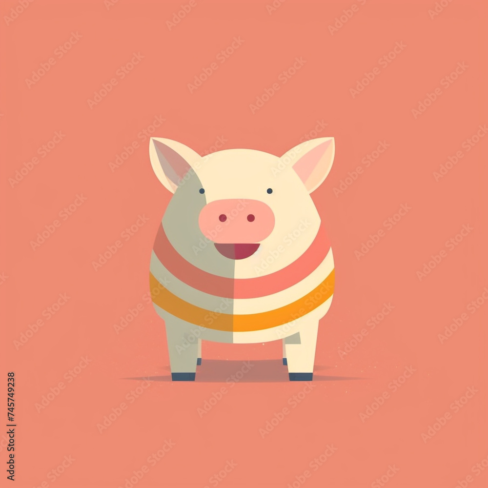 Fototapeta premium Pig, smiling simple, flat, low detail, smooth, minimal, bright colors, straight design, bright backgrounds сreated with Generative Ai
