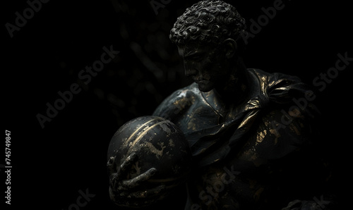 Greek statue of a basketball player with the ball in hand, made from black metal with golden elements